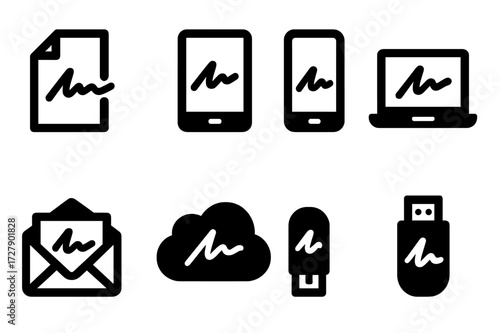 Signature Medium Icons. Solid, filled icon set of signature mediums: paper, tablet, smartphone, laptop, signature pad, email, cloud storage, USB drive. [Line