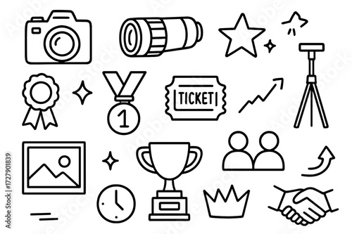Photography Contest Icons. Hand-drawn doodle illustration Photography contest camera, lens, tripod, award ribbon, medal, trophy, star, spark, photo frame,