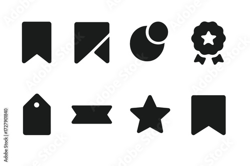 Black Ribbon Icons. Solid, filled icon set of digital ribbon icons: bookmark ribbon, corner ribbon, notification badge, ranking ribbon, achievement tag, promo