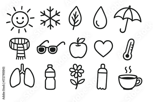 Seasonal Lifestyle Doodles. Hand-drawn doodle illustration adapting lifestyle to seasons sun, snowflake, leaf, raindrop, umbrella, scarf, sunglasses, apple,