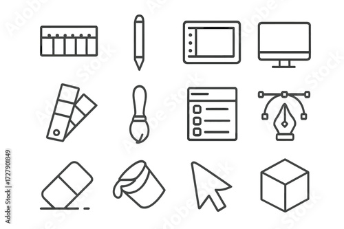 Animation Design Icons. Animation design. Line icon set of animation design: animation timeline, stylus pen, graphics tablet, computer monitor, color palette,