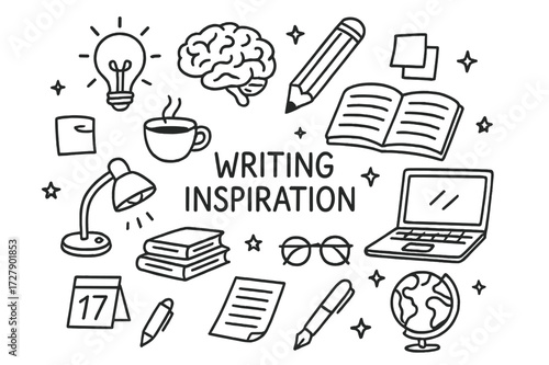Creative Writing Doodles. Hand-drawn doodle illustration [Writing inspiration] [light bulb, brain, pencil, notebook, coffee cup, laptop, paper sheet, sticky
