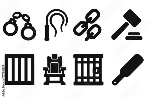 Punishment Tools Icons. Solid, filled icon set of punishment tools: handcuffs, whip, chains, gavel, prison bars, electric chair, jail cell, paddle. Solid,