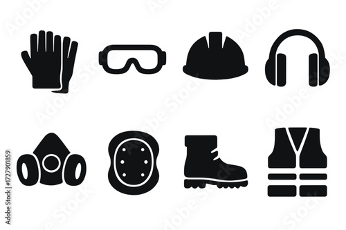 Safety Equipment Icons. Solid, filled icon set of repair safety equipment: gloves, safety goggles, helmet, ear protection, mask, knee pads, safety boots,