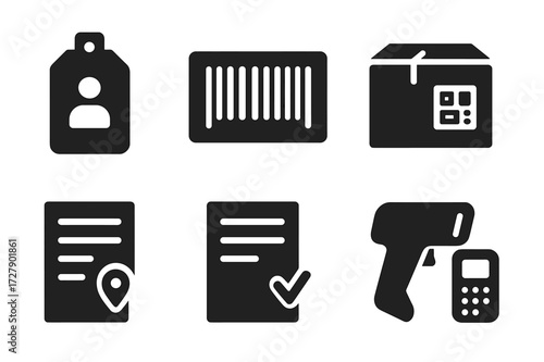 Package Icon Set. Solid, filled icon set of package identification: ID tag, barcode label, QR sticker, parcel number, tracking sheet, delivery note, scanner