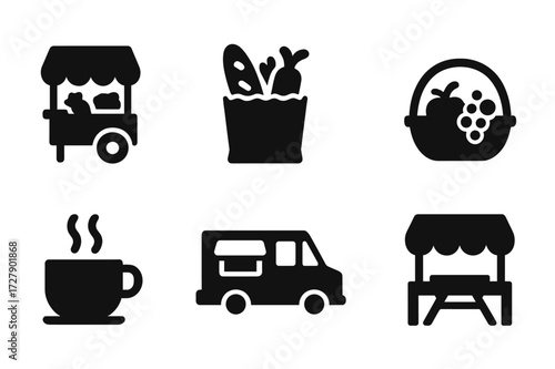 Local Food Icons. Solid, filled icon set of local food and markets: farmer?s market, grocery bag, fruit basket, local bakery, coffee cup, food truck, picnic