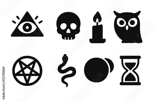 Mystical Omen Icons. Solid, filled icon set of mystical omens: eye of providence, skull, candle flame, owl, pentagram, snake, eclipse, hourglass. [Line icons