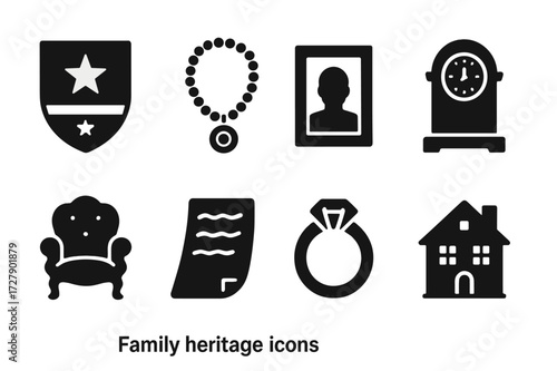 Family Heritage Icons. Solid, filled icon set of family heritage: family crest, heirloom jewelry, old photograph, antique clock, vintage furniture, handwritten