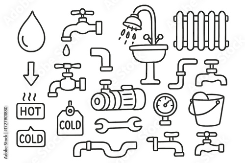 Water System Icons. Hand-drawn doodle illustration Water system pipe labels water droplet, faucet, showerhead, sink, radiator, hot water tag, cold water tag,