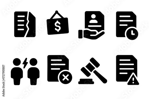 Agreement Risks Icons. Solid, filled icon set of agreement risks: breach, penalty, fraud, delay, disagreement, cancellation, lawsuit, non-compliance. [Solid,