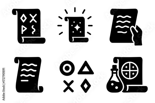 Magical Scroll Icons. Solid, filled icon set of magical scroll: magic runes, glowing scroll, enchanted parchment, spell writing, wizard hand, potion vial,