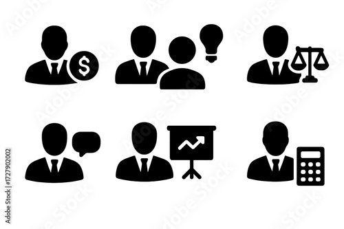 Venture Capital Icons. Solid, filled icon set of venture capital players: investor, entrepreneur, lawyer, advisor, analyst, board member, mentor, accountant.