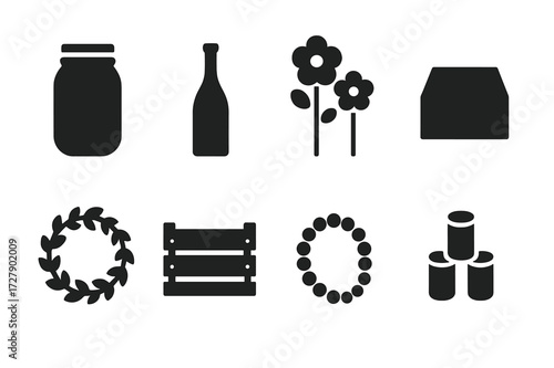 DIY Centerpiece Icons. Solid, filled icon set of DIY centerpieces: mason jar, painted bottle, paper flowers, fabric runner, handmade wreath, wood crate, beaded