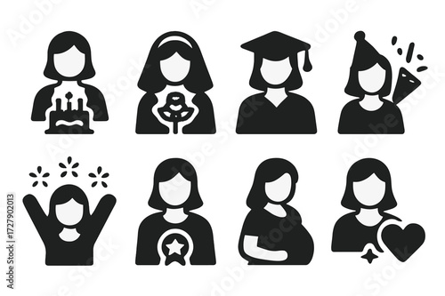 Celebration Icons Grid. Solid, filled icon set of lady celebrations: birthday, wedding, graduation, party, festival, award, baby shower, anniversary. Solid,