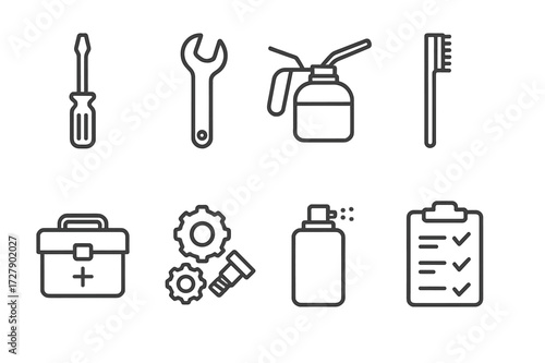 Weapon Maintenance Tools. Outline icon set of weapon crate maintenance tools: screwdriver, wrench, oil can, cleaning brush, toolbox, spare parts, lubricant