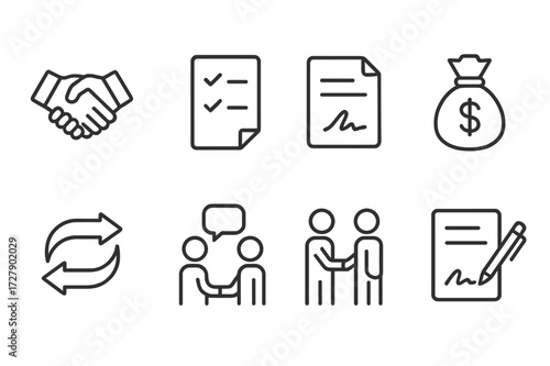 Business Deal Icons. Outline icon set of deal concepts: handshake, agreement, contract, money bag, exchange arrows, negotiation, partnership, signature. Line