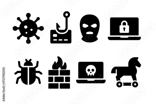 Cybersecurity Threat Icons. Solid, filled icon set of cybersecurity threats: virus, phishing hook, hacker mask, ransomware, bug, firewall breach, malware,