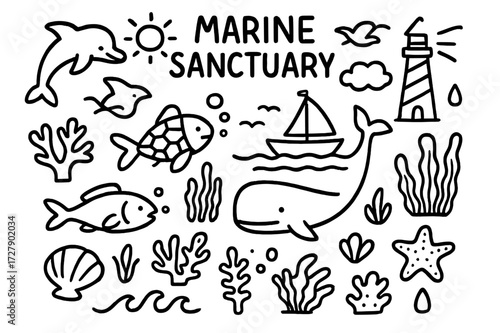 Marine Sanctuary Doodle. Hand-drawn doodle illustration Marine Sanctuary [fish, dolphin, turtle, whale, coral, seaweed, shell, wave, starfish, sun, cloud,