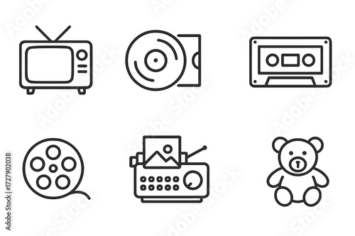 Nostalgic Icon Set. Outline icon set of nostalgic moments: old television, vinyl record, polaroid photo, cassette tape, film reel, typewriter, radio, childhood