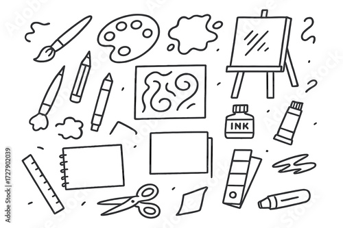 Art Tools Doodle. Hand-drawn doodle illustration [abstract painting] [paintbrush, palette, canvas, easel, watercolor splash, ink bottle, pencil, pen,