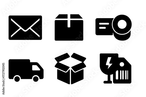 Postal Icon Set. Solid, filled icon set of postal package: mailing envelope, parcel box, shipping label, tape roll, delivery van, open parcel, fragile symbol,