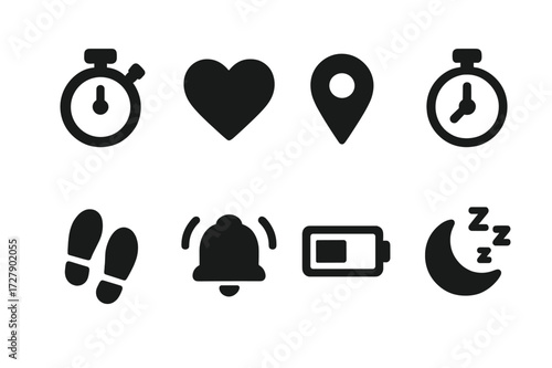 Sports Watch Icons. Solid, filled icon set of sports watch features: stopwatch, heart rate monitor, GPS, timer, step counter, alarm, battery indicator, sleep