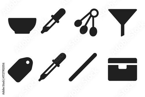 Essential Oil Tools Icons. Solid, filled icon set of essential oil blending tools: mixing bowl, dropper, measuring spoons, funnel, glass stirrer, label