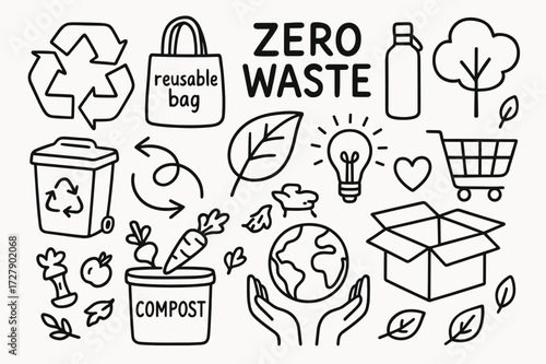 Zero Waste Doodle. Hand-drawn doodle illustration Zero waste business practices recycling bin, reusable bag, glass jar, metal bottle, compost bin, food scraps,