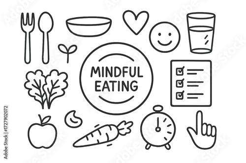 Mindful Eating Doodles. Hand-drawn doodle illustration mindful eating plate, fork, spoon, bowl, heart, water glass, smiling face, sprout, leafy greens,
