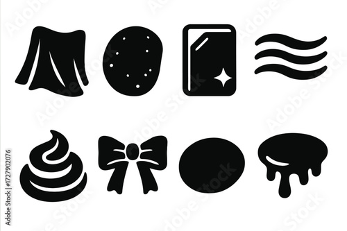 Smooth Texture Icons. Solid, filled icon set of smooth textures: silk fabric, polished stone, glass surface, flowing water, cream swirl, satin ribbon, smooth