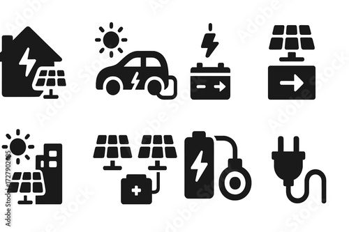 Solar Energy Icons. Solid, filled icon set of solar battery usage: home energy, electric car charging, grid feed-in, off-grid system, backup power, portable