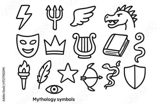 Mythological Icons Doodle. Hand-drawn doodle illustration Mythology symbols lightning bolt, trident, wing, dragon, mask, crown, harp, book, torch, feather,