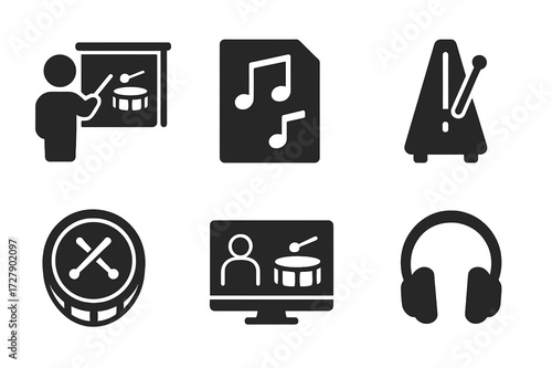 Drum Education Icons. Solid, filled icon set of drum skin education: music lesson, sheet music, metronome, practice pad, video tutorial, instructor, music
