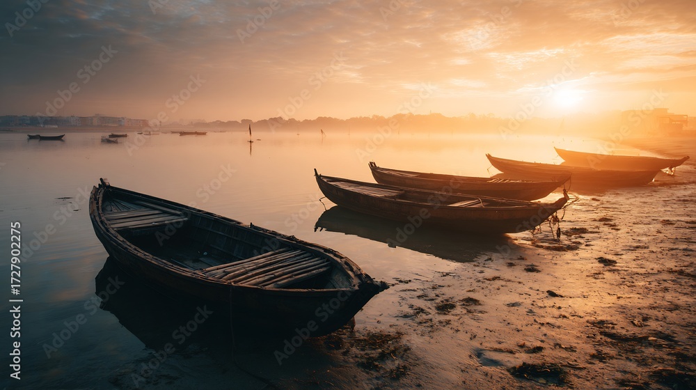 Fototapeta premium Golden sunrise over wooden boats anchored misty shoreline dreamy cultural stock image symbolizing peace travel destinations and timeless maritime traditions