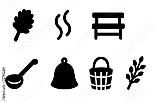 Sauna Ritual Icons. Solid, filled icon set of sauna rituals: birch whisk, steam wave, sauna bench, towel roll, water ladle, sauna hat, sauna bucket, birch
