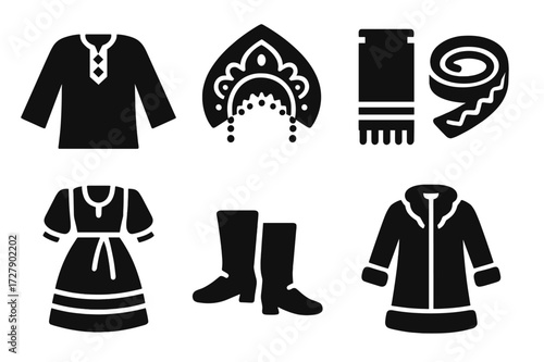 Slavic Costume Icons. Solid, filled icon set of Slavic traditional costumes: embroidered shirt, headdress (kokoshnik), sash, woven belt, folk dress, leather