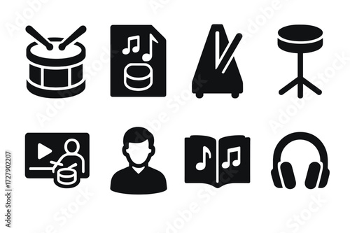 Cadence Education Icons. Solid, filled icon set of cadence education: drum lesson, sheet music, metronome, practice pad, video tutorial, instructor, music