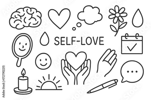 Emotional Wellness Icons. Hand-drawn doodle illustration [emotional wellness] [brain, heart, thought bubble, flower, tear drop, smiley face, mirror, hands
