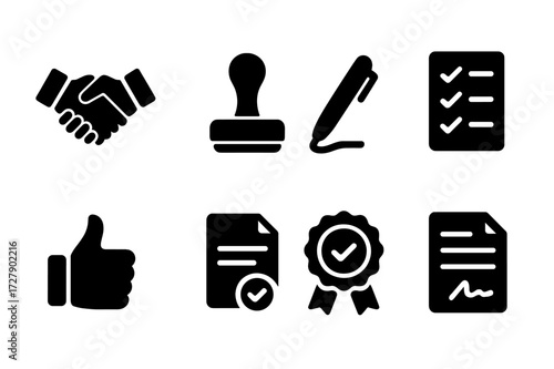Policy Approval Icons. Solid, filled icon set of policy approval process: handshake, stamp, pen signing, checklist, thumbs up, agreement document, approval