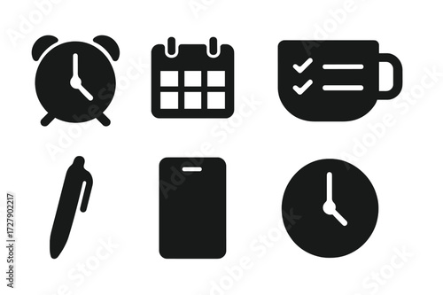 Daily Plan Icons. Solid, filled icon set of daily plans: alarm clock, calendar, checklist, coffee cup, pen, smartphone, notebook, clock. [Line icons in only