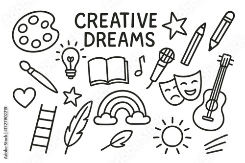 Creative Symbols Doodle. Hand-drawn doodle illustration Creative dreams art palette, paintbrush, lightbulb, star, book, pencil, music note, microphone, guitar,