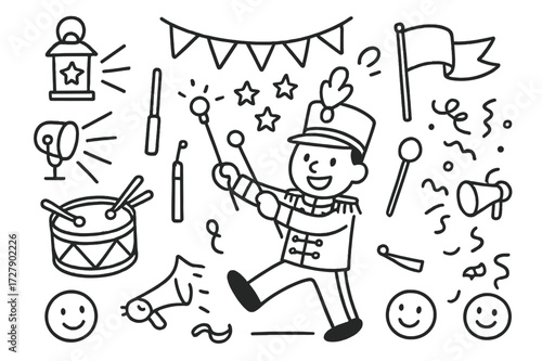 Night Parade Icons. Hand-drawn doodle illustration Night parade leader [lantern, spotlight, glow stick, baton, flag, drum, trumpet, star, confetti, banner,
