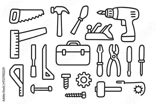 Carpentry Tools Doodle. Hand-drawn doodle illustration carpentry tools saw, hammer, chisel, plane, clamp, drill, ruler, square, pliers, screwdriver, toolbox,