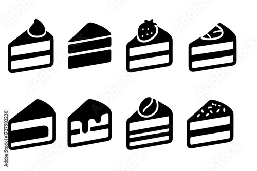 Cake Flavor Icons. Solid, filled icon set of cake flavors: vanilla, chocolate, strawberry, lemon, red velvet, caramel, coffee, coconut. Solid, filled icons in