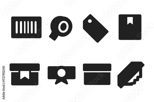 Shipping Label Icons. Solid, filled icon set of shipping label banderol: barcode sticker, adhesive band, parcel tag, sealed strip, package banderol, product