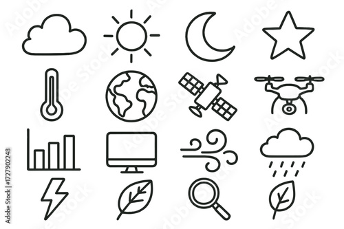Weather Elements Doodle. Hand-drawn doodle illustration digital twins for atmosphere cloud, sun, moon, star, thermometer, globe, satellite, drone, chart,