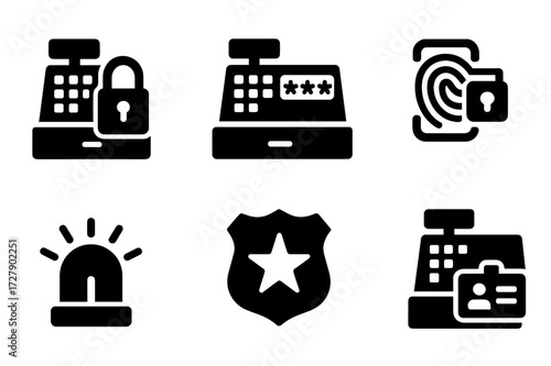 Cash Register Security Icons. Solid, filled icon set of cash register security: lock, password, fingerprint scanner, surveillance camera, alarm bell, security