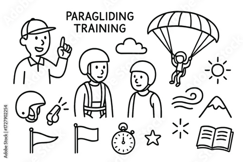 Paragliding Training Icons. Hand-drawn doodle illustration paragliding training instructor, student, helmet, harness, parachute, paraglider, mountain, whistle,