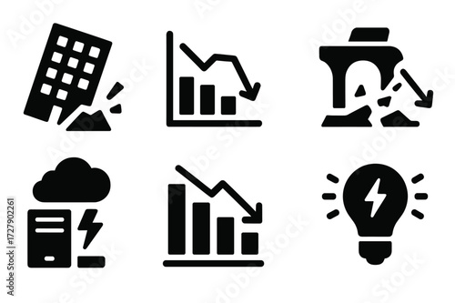Collapse Icons Set. Solid, filled icon set of collapse events: building collapse, stock market crash, bridge failure, financial collapse, server crash,