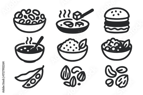 Vegetarian Protein Icons. Solid, filled icon set of vegetarian protein meals: bean salad, tofu stir-fry, lentil soup, veggie burger, quinoa bowl, chickpea
